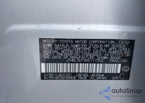 2013 Lexus Ls 460 из США, поврежденный, VIN JTHBL5EF9D5117352